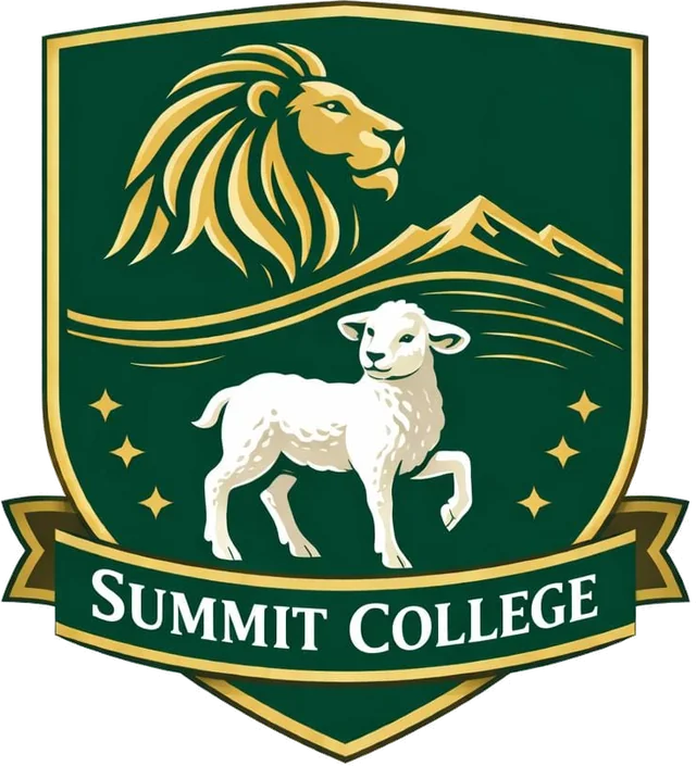 Escudo de Summit College: un león dorado y una montaña en la parte superior, un cordero blanco erguido y en movimiento en el centro, y el nombre de la escuela en la banda inferior, sobre fondo verde